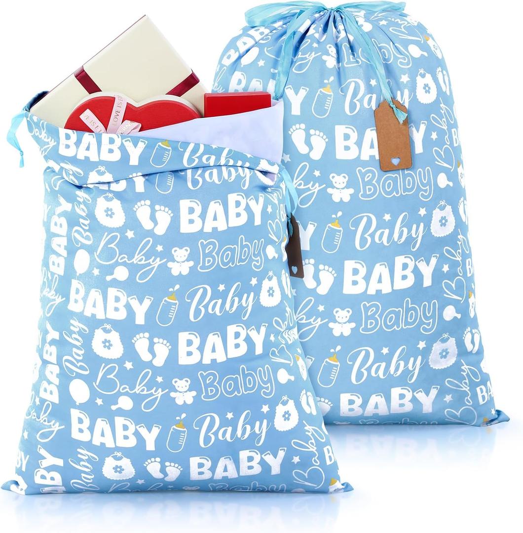 Pickmesh 2 Pcs Happy Birthday Drawstring Gift Bags 20 x 28 Inch Extra Large Baby Shower Bags Reusable Fabric Colorful Wrapping Pouches for Gender Reveal Supply Decor(Blue,Blue Baby Shower)