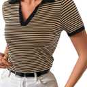 LilyCoco Womens Striped Shirt Fitted Collared Neck Short Sleeve T Shirt Black, Large