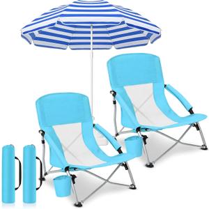 Colingmill 3 Pcs Folding Beach Chairs with Umbrella, Low Outdoor Chairs for Adults with Cup Holders and Carry Bags, Portable Set with 61 Inch Shade Canopy, 300 lbs Capacity(Light Blue), 27.6" x 6.5" x 6.7"