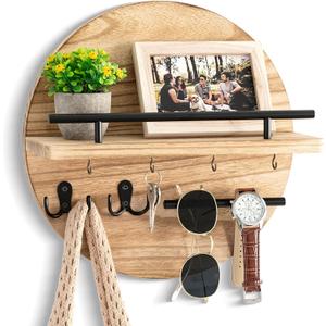 dreampossible Key Holder for Wall Decorative with Shelf and Hooks, Mail Organizer Wall Mount with Sunglasses Holder, Circular Design Entryway Key Rack Hanger, Rustic Home Decor (Light Brown)