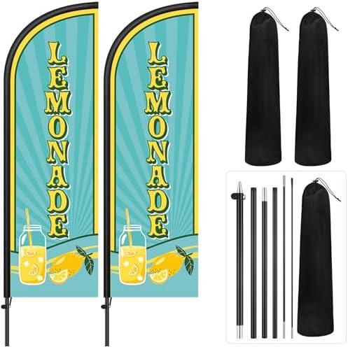 Remagr 2 Pack Lemonade Feather Flag 7 ft Advertising Swooper Flag Sign Windless Lemonade Banner with Pole Kit and Ground Stake for Businesses Restaurants Outside Ground(Light Blue)