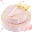 Liacere 150PCS Plastic Plates-Gold Plastic Silverware with Pink Handle - Pink Disposable Plates Include 30 Guests Plates, Forks, Spoons, Knives for Wedding  Easter Day Mother's Day (Round)