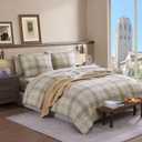 Plaid Queen Comforter Set, Khaki Green Bedding Set 7 Piece for Boys Girls Teen, Classic Homestead-Style Kids Comforter Set Bed in A Bag with Sheets, Pillowcases & Shams