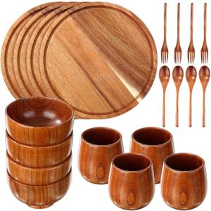 20 Pcs Acacia Wood Dinnerware Set 10 Inch Round Wooden Plates Bowls Tea Cups Fork Spoons Acacia Wood Tableware Supplies Easy Cleaning Lightweight for Dishes Snack Dessert, 4 Set