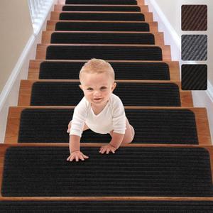 RIOLAND Stair Treads Carpet Non-Slip Indoor Stair Runners for Wooden Steps, Stair Rugs for Kids and Dogs, Set of 15, 8" X 30", Black