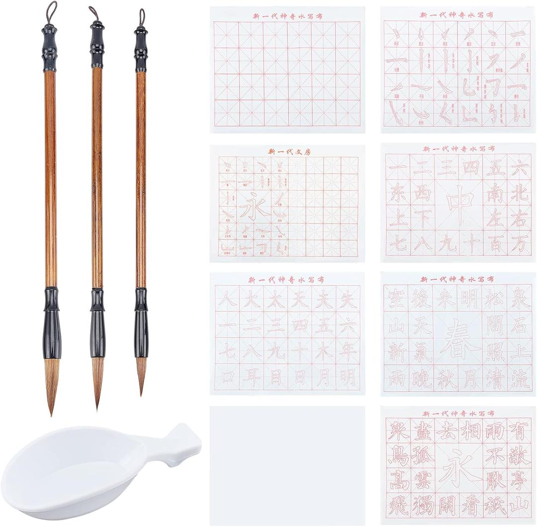 PH PandaHall 12pcs No Ink Chinese Calligraphy Set, 8 Styles Grid Brush Water Writing Cloth Paper, 3pcs Sienna Chinese Traditional Calligraphy Brushes and Water Dish for Chinese Couplets 17x13 inch