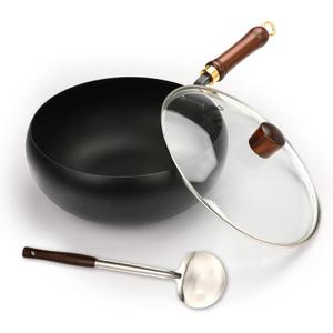 Suntuup Japanese Iron Pan, Uncoated Non-Stick Frying Pan, 11 Inch Stir Fry Pan for Cooker Gas with Glass Lid and Spatula, Durable and Rust-Free