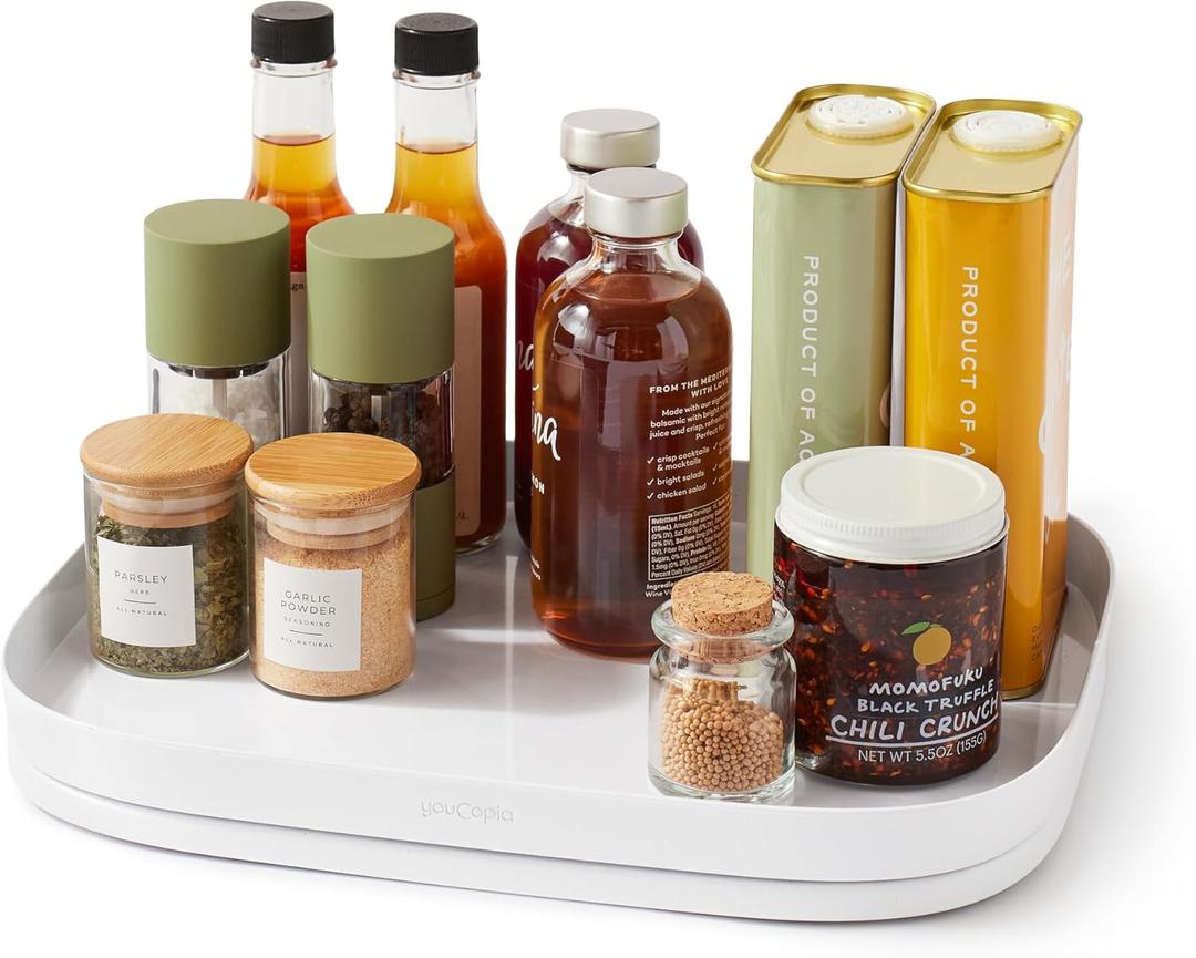 YouCopia MagicTrack Rectangle Lazy Susan Turntable: Kitchen & Bathroom Pantry, Cabinet & Countertop Storage Organizer with 360 Spin, Non-Slip, White Speckled BPA-Free