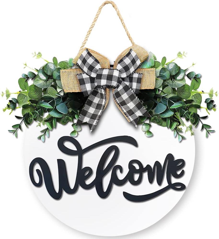 3D Front Door Welcome Wreath - Farmhouse Welcome Sign for Front Door - Vertical Concave Stripes Wooden Front Door Wreaths for Home Decor(Black) - Housewarming Gift (Black Welcome)