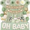 Ouddy Party Sage Green Baby Shower Decorations for Baby, Green Balloons with WELCOME BABY Banner Fringe Curtains Foil Balloons Paper Flower for Boho Baby Shower Birthday Gender Reveal Party Supplies