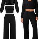 ABOCIW Womens 3 Piece Outfits Brushed Jersey Long Sleeve Hooded Cropped Shrug Bandeau Top Wide Leg Sweatpants Tracksuit (Small, Black)