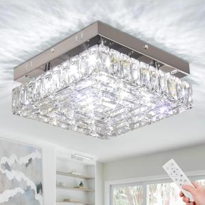 FRIXCHUR 10.6" Modern Crystal Chandeliers Square Crystal Ceiling Light LED Chandelier with Remote Control Mini Bedroom Flush Mount Ceiling Lights Fixture for Kitchen Hallway Dining Room (Dimmable)