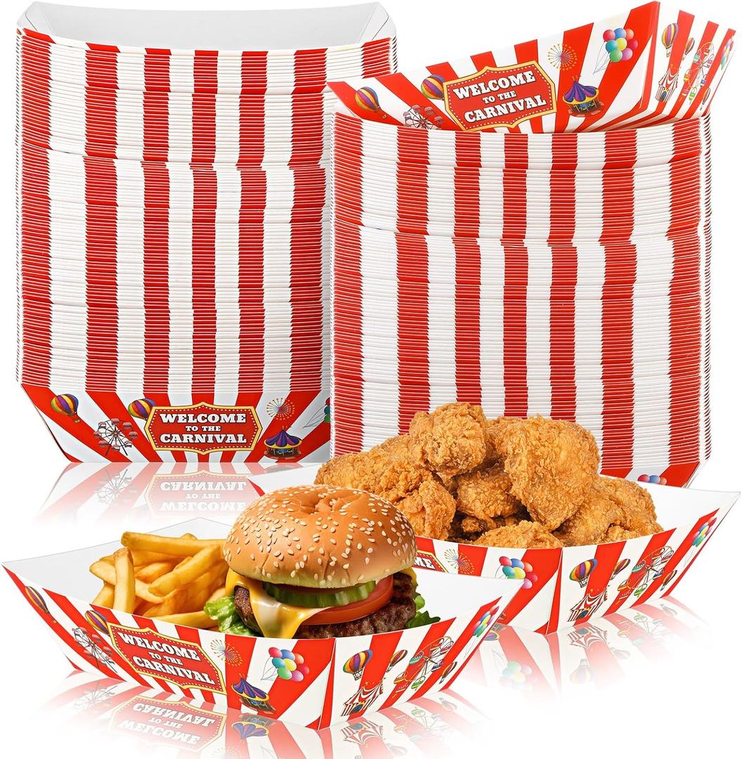 Tenceur 100 Pcs Carnival Paper Food Trays 2lb Carnival Decorations Red and White Stripe Nacho Bowls Hot Dog Boats Food Containers Disposable Plates for Circus Theme Birthday Parties