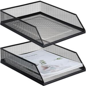 Hicarer 2 Pcs Black Metal Letter Tray Stackable Desk Tray Single Wire Mesh Organizer Front Load File Paper Holder for Desktop Office Home School Classroom (12.8 x 9.84 Inch)