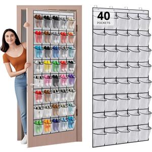 40 Large Mesh Pocket Over the Door Shoe Organizer,Hanging Shoe Rack for Door,Hualleko Shoes Organizer Hanger with Large Capacity, Shoes Storage Holder Sturdy Non-woven Fabric - Stores 20 Pairs (White)