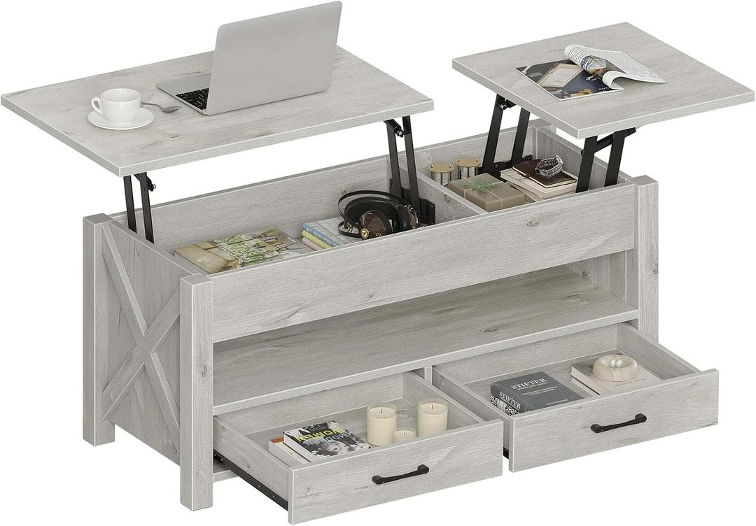Seventable Coffee Table, 47.2" Lift Top Coffee Table with 2 Storage Drawers and Hidden Compartment, Retro Center Table with Wooden Lift Tabletop for Living Room, Gray, 47.2"Dx19.7"Wx18.2"-24.3"H