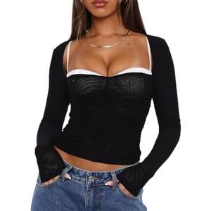 Pack of 2 XFLnaraz Womens Mesh Long Sleeve Tops Square Neck See Through Slim Fit Cropped Backless Going Out Shirts Blouse Streetwear