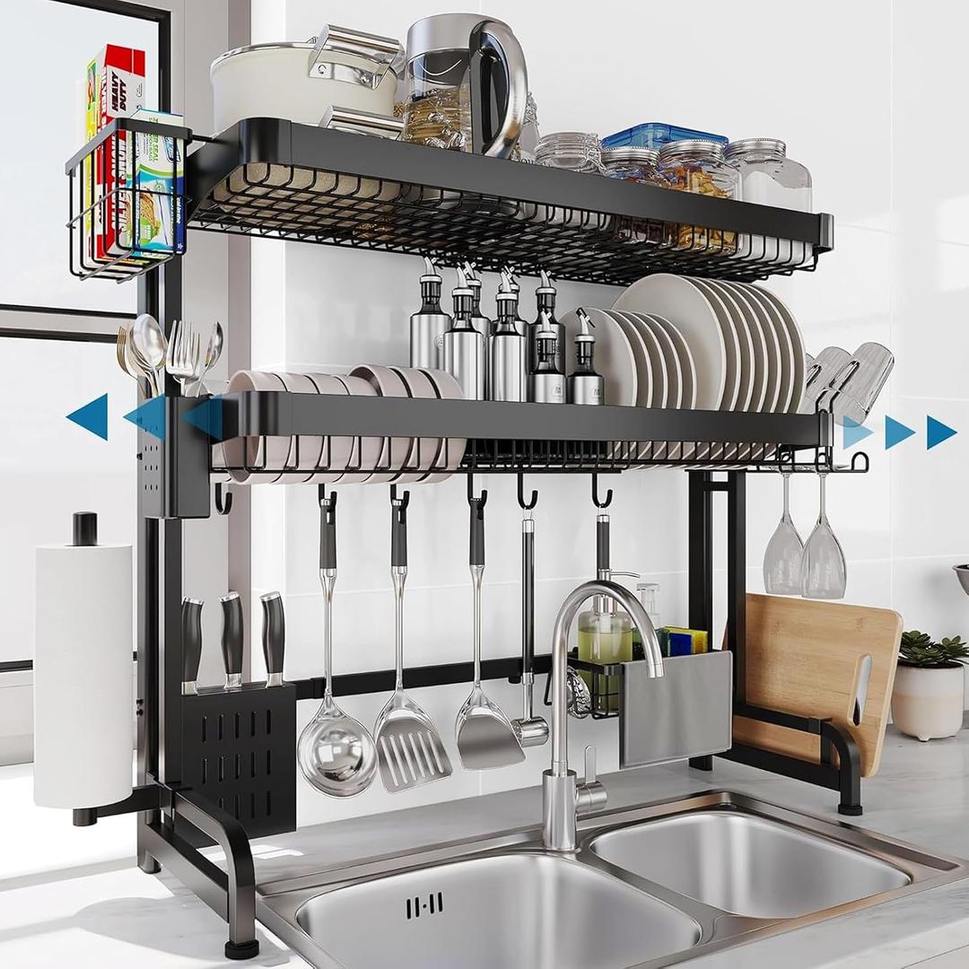 LIVOD Over The Sink Dish Drying Rack,3 Tier Adjustable Length Full Stainless Steel Large Storage Kitchen Dish Rack,for Kitchen Counter Expandable Multifunctional Organizers,Silver(25.5'' to 37.4''), 3 Tier Style B