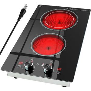 2 Burner Electric Cooktop 120V, 1800W Radiant Electric Stove Top with Countertop & Built-in Design, 12 inch Knob Control Ceramic Cooktop with Safety Lock, 9 Level Power, 99 Min Timer - Plug in, 232 square inches
