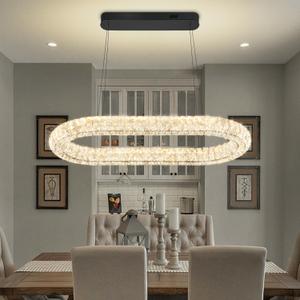 Oval Crystal Chandelier, 31.5'' Black Crystal Ring Pendant Light for Kitchen Island Modern Linear Oval Chandeliers for Dining Room Dimmable 3000K-6000K (32 inch)