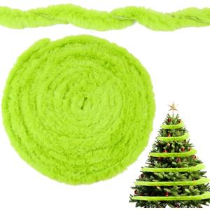 52.5Ft Christmas Garland Lime Green for Tree Faux Fur Ribbon Garland Bright Green Furry Soft Artificial Strips Fabric Trim Sewing Roll for Xmas Holiday Indoor Outdoor Party Mantle Stairs Decorations