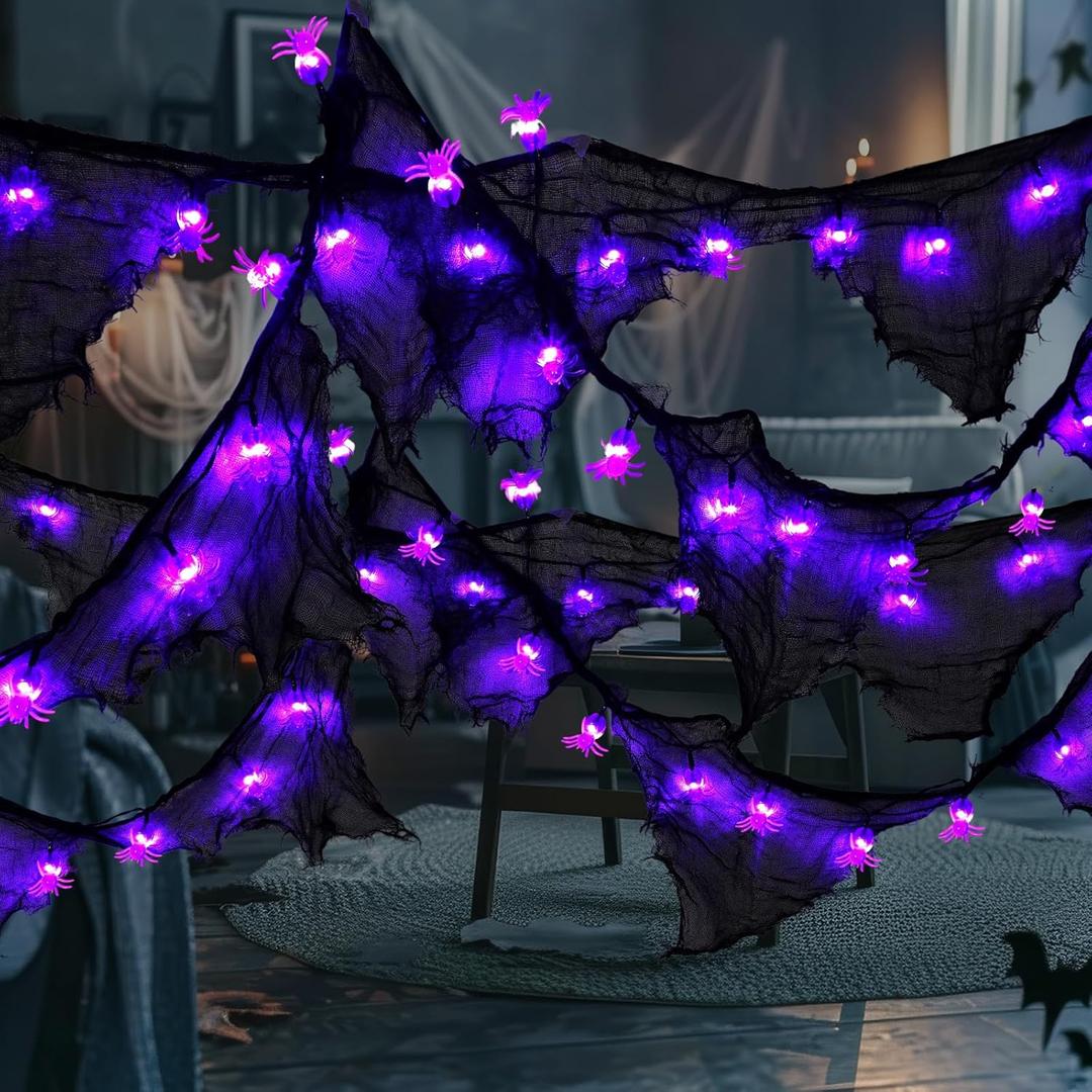 Tudomro 9.8 ft Halloween Decorations Purple Spider Lights with Black Gauze 30 LED Battery Operated Fairy Lights for Patio Garden Gate Yard Halloween Christmas Party Decoration