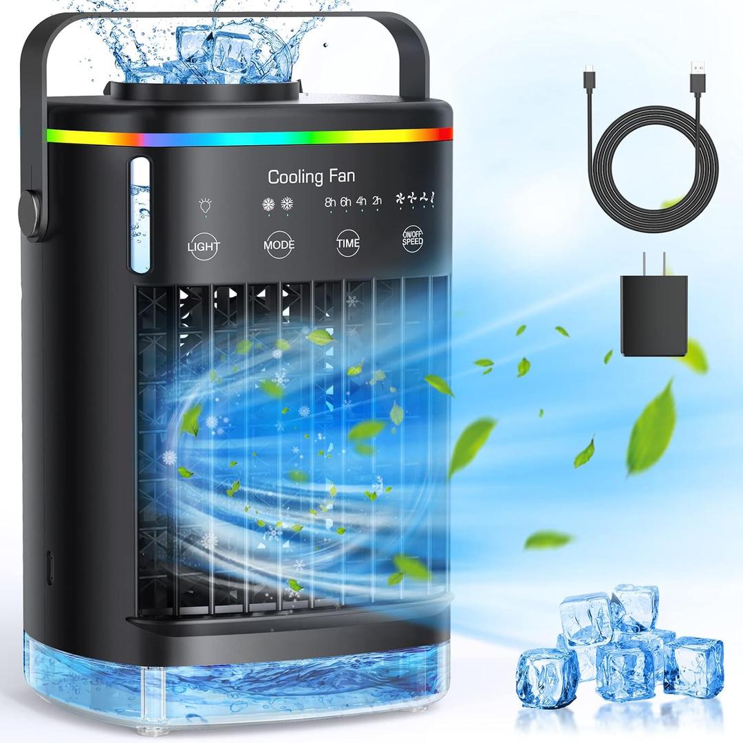Portable Air Conditioners, Personal Cooling Fan Air Conditioner Portable with 4 Wind Speed & 2 Mist Level & 2-8H Timer & 7 LED Light Mini Evaporative Air Cooler for Home Office Room, Black