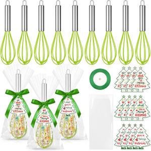 12 Sets 10 Inch Christmas Whisk Baking Gifts, DIY Fillable Christmas Tree Ornaments, Xmas Colored Silicone Whisks for Xmas Employee Neighbor Cooking Supplies Xmas Stocking Stuffers Candy Holder (Green)