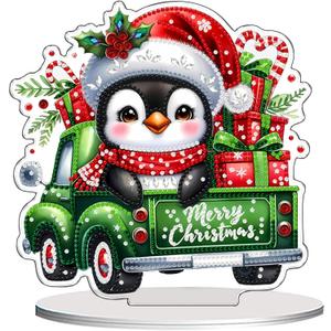 VODAPYC Christmas Penguin Diamond Art Tabletop Painting Kit, DIY Stand Up Double Sided Special Shaped Gnome Diamond Painting Desktop Ornament(Christmas Penguins Truck)