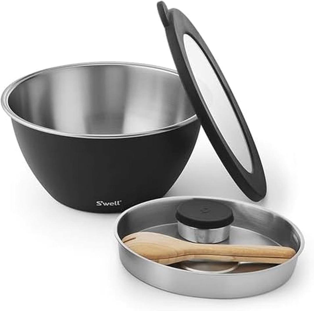 S'well Stainless Steel Salad Bowl Kit XL 184oz, Onyx, Includes 5oz Canister For Dressing, Serving Utensils, and Removable Tray, Leakproof, Easy to Clean, Dishwasher and Refrigerator Safe