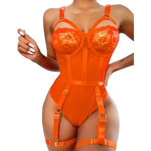 Avidlove Lingerie Sets for Women Sexy Lace Skull Corset with Garter Belt One Piece Teddy Bodysuit (Medium, Orange)
