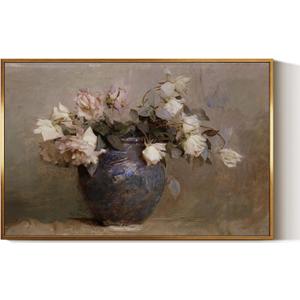 InSimSea Golden Framed Vintage Canvas Wall Art Roses Flower Floral Painting Prints Still Life 16x24in, Moody Rustic Canvas Gallery Print, Neutral Colors Romantic Farmhouse Home Botanical Wall Decor