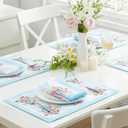 Newbridge Cottage Rose Fabric Placemats, 13 x 19 Inch, Easy Care Wrinkle and Stain Resistant Blue and Pink Floral Set of 4 Placemats for Indoor Outdoor Party Dining (Multi Color)