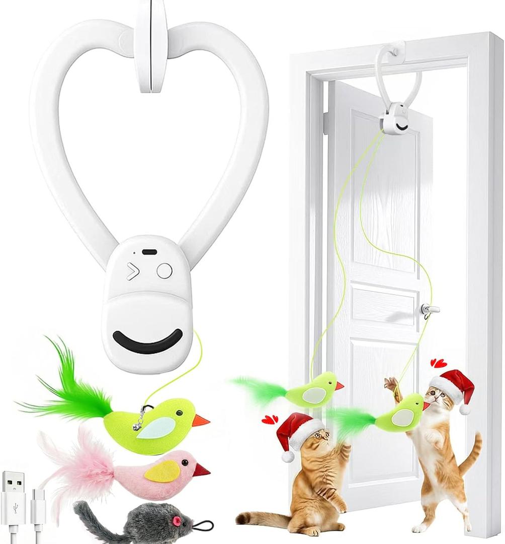 Interactive Cat Toys for Indoor Cats: Automatic Flying Bird Feather Wand Chase Exercise Enrichment Stimulation, USB Rechargeable Durable Safe Hanging Toy for Bored Kittens Adult Multi Cat Households (White)