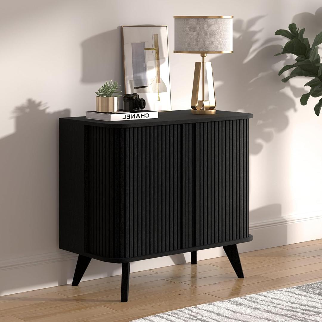 27" Fluted Sideboard Cabinet with Sliding Doors, Modern Accent Storage Cabinet with Legs for Living Room or Entryway, Black