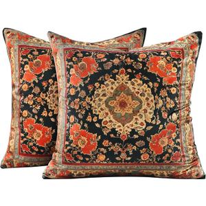 Vintage Floral Soft Velvet Throw Pillow Covers 18x18 In Boho Pillowcases, Turkish Antique Ethnic Tribal Decor Double Sided Pattern Cushion Cover for Sofa, Living Room, Farmhouse, Black, 2 Pack