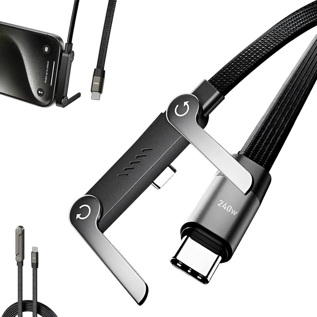 240W Braided Fast Charge Cable with Built-in Phone Stand, Type-C to Type-C, 2-in-1 Invisible Holder Charger Cable, Multi Charger Cord with Type C Multi-Angle Adjustable Stand (1.5m)