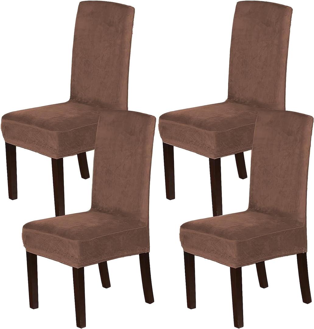 H.VERSAILTEX Velvet Dining Chair Covers Stretch Chair Covers for Dining Room Set of 4 Parson Chair Slipcovers Chair Protectors Covers Dining, Soft Thick Solid Velvet Fabric Washable, Caramel
