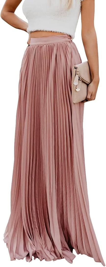ebossy Women's High Waist Flowy Pleated Chiffon Maxi Skirt (Large, Pink)