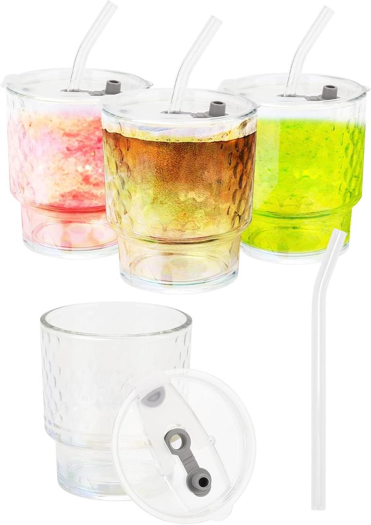 Glass Tumbler Cups with Lids and Straws, 13 oz, Reusable Drinkware, Clear, 4 Pack (Raindrops)