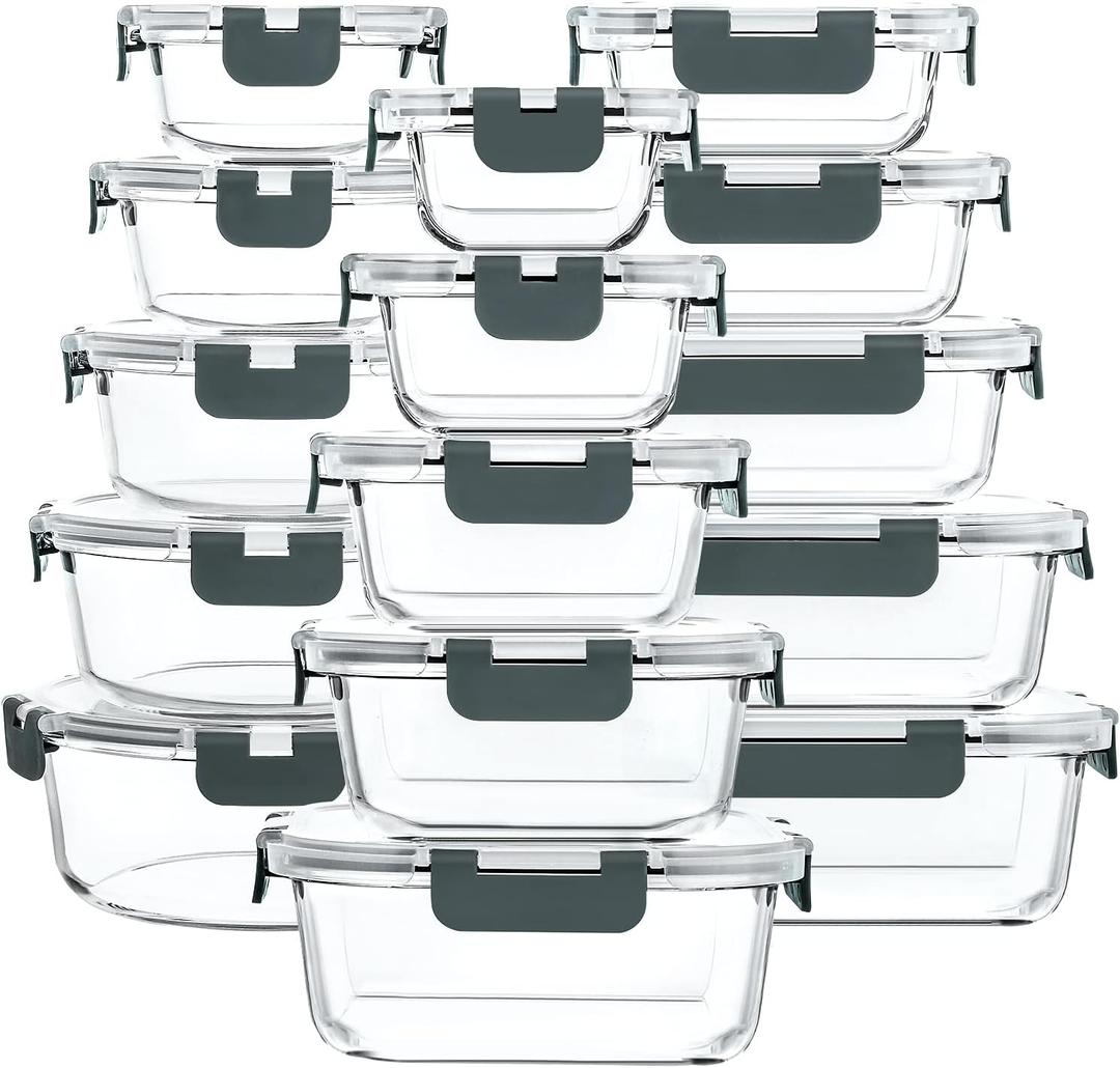 M MCIRCO 30 Pieces Glass Food Storage Containers with Snap Locking Lids,Glass Meal Prep Containers Set - Airtight Lunch Containers, Microwave, Oven, Freezer and Dishwasher, Gray15pcs