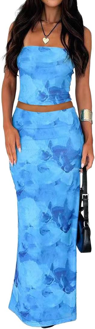2 Piece Skirt Sets for Women Summer, Floral Sleeveless Tube Top Bodycon Maxi Skirts Y2k Vacation Going Out Outfits (Small, Blue Flower)