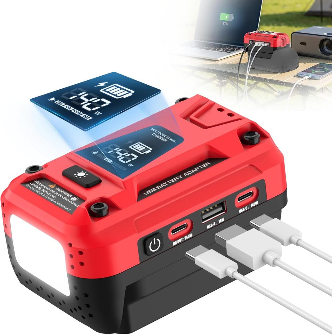 140W USB Charger Compatible with Milwaukee 18V Battery, Type-C Input & Output Fast Charging, 18W USB-A, Portable Battery Adapter Phone Charger with 700LM LED Work Light