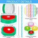 Dandat 52 Pcs Metal Regular Mouth Mason Jar Lids with Straw Hole Striped Plastic Straws Cleaning Brushes Fruit Pattern Decoration Lids Decorative Mason Jar Covers for Drinking Party Favor Canning Jars