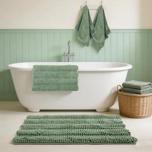 Whaline 4 Pack Sage Green Bath Mat and Hand Towel Set Non-Slip Chenille Striped Bathroom Rug Cotton Absorbent Towels for Hotel Home Bathroom Decoration