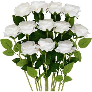 Mocoosy 12 PCS White Rose Artificial Flowers, Fake Roses with Long Stem Realistic Silk Rose Bouquets Wedding Mother's Day Decorations Faux Floral Arrangement Bridal Shower Party Home Table Decor