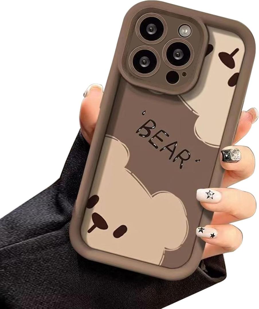 Jusy Compatible with iPhone 15 Pro Case, Cute Bear Pattern Soft Gel Rubber TPU Case, Full Camera Protection & Edge Lips Strengthen Shockproof Cover for Women Men, Brown
