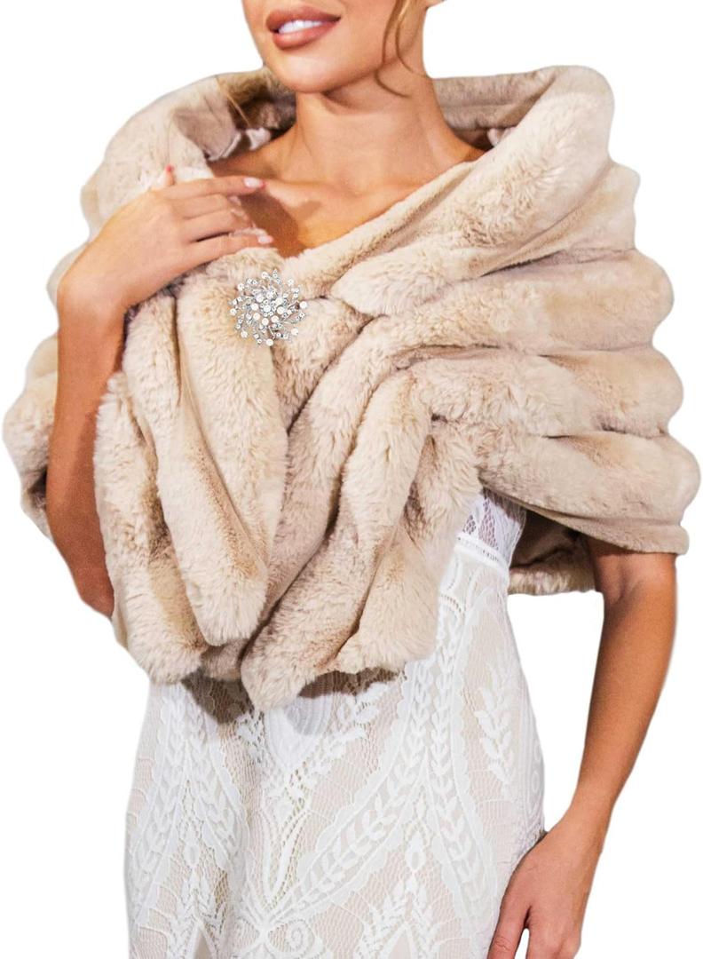 GORAIS Women Wedding Faux Fur Shawl and Wrap Bridal Winter Fur Stole Shrug for Brides and Bridesmaids (Small, Camel)