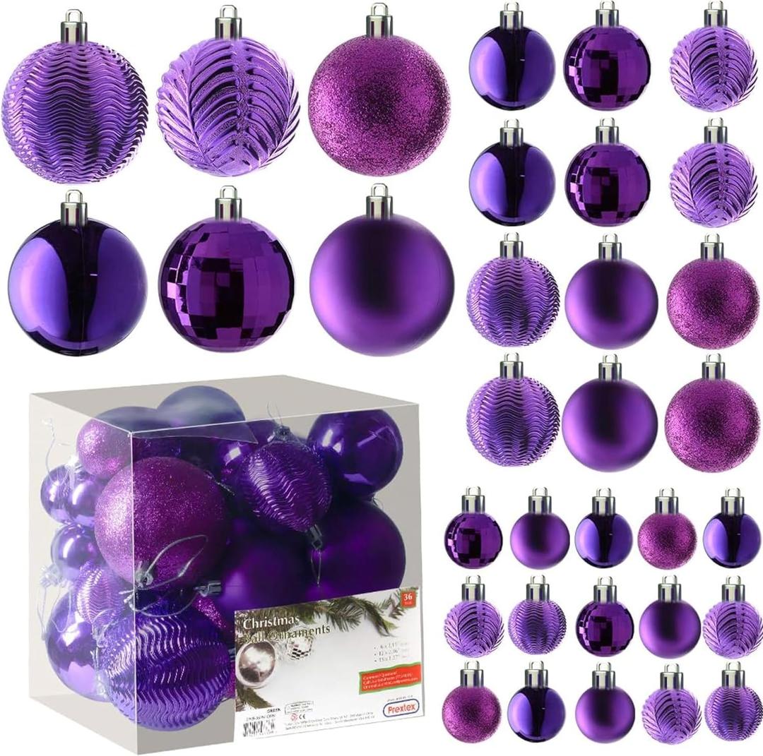 Prextex 36-Pieces Purple Christmas Ornaments Set - Shatterproof, Festive Christmas Ball Ornaments in 3 Sizes and 6 Styles with Hanging Loops for Tree, Wreath, and Dazzling Holiday Party Decorations