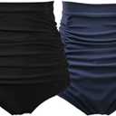 COCOPEAR Women's Ruched High Waisted Bikini Bottom Retro Vintage Swim Short Tankinis (Pack of 2) Black+Navy 2XL/14-16